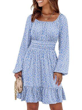 Women's Blue Floral Lantern Sleeve Square Neck Elastic Waist A-Line Short Dress
